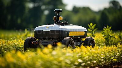 Futuristic robot working in field. Smart eco farming and digital innovation in agriculture.