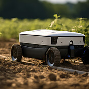 Futuristic robot working in field. Smart eco farming and digital ...