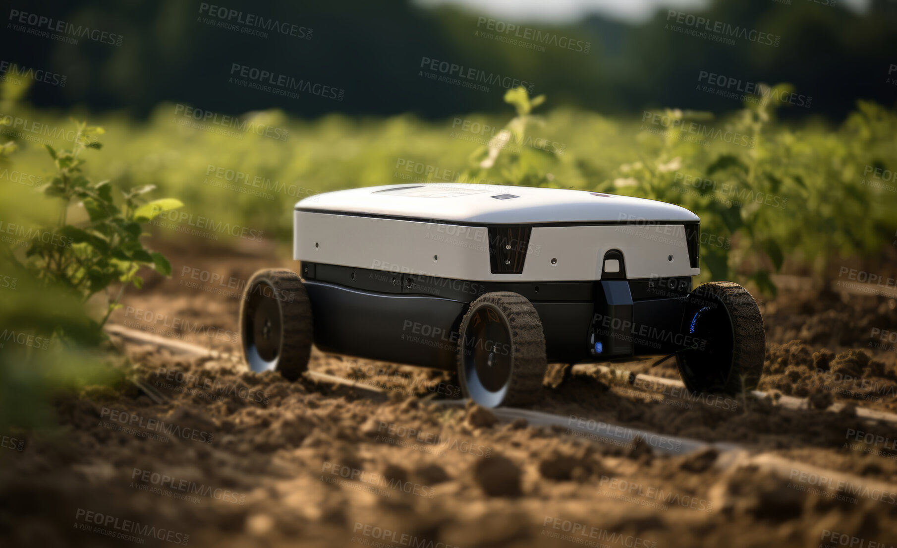 Buy stock photo Futuristic robot working in field. Smart eco farming and digital innovation in agriculture.