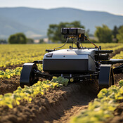 Futuristic robot working in field. Smart eco farming and digital ...