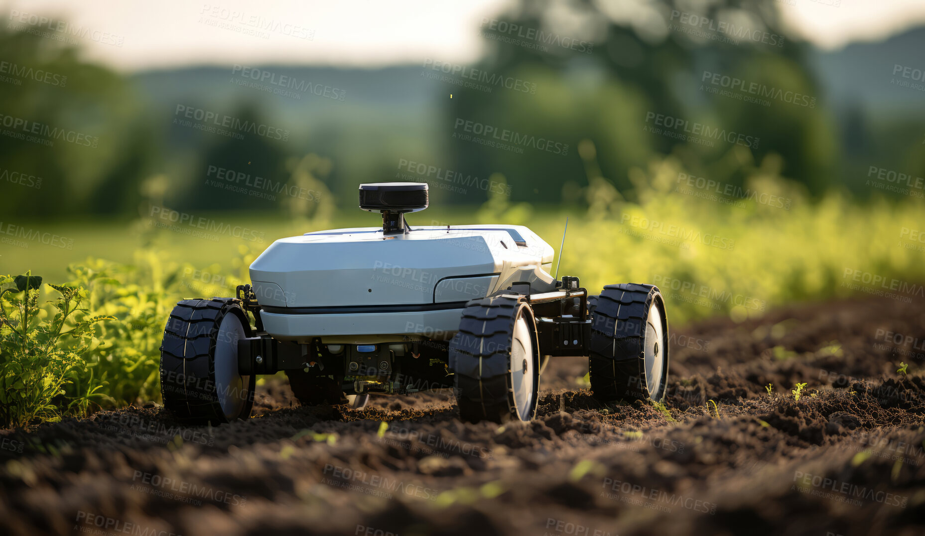 Buy stock photo Futuristic robot working in field. Smart eco farming and digital innovation in agriculture.