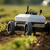 Futuristic robot working in field. Smart eco farming and digital ...
