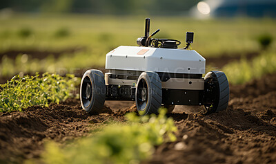 Futuristic robot working in field. Smart eco farming and digital innovation in agriculture.