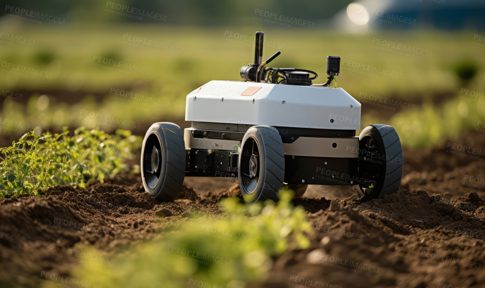 Buy stock photo Futuristic robot working in field. Smart eco farming and digital innovation in agriculture.