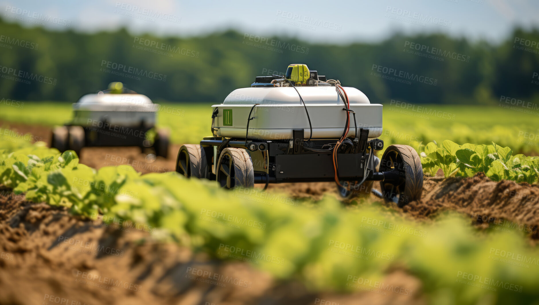 Buy stock photo Futuristic robot working in field. Smart eco farming and digital innovation in agriculture.