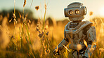 Robot walking in field, auto technology in modern agriculture concept.