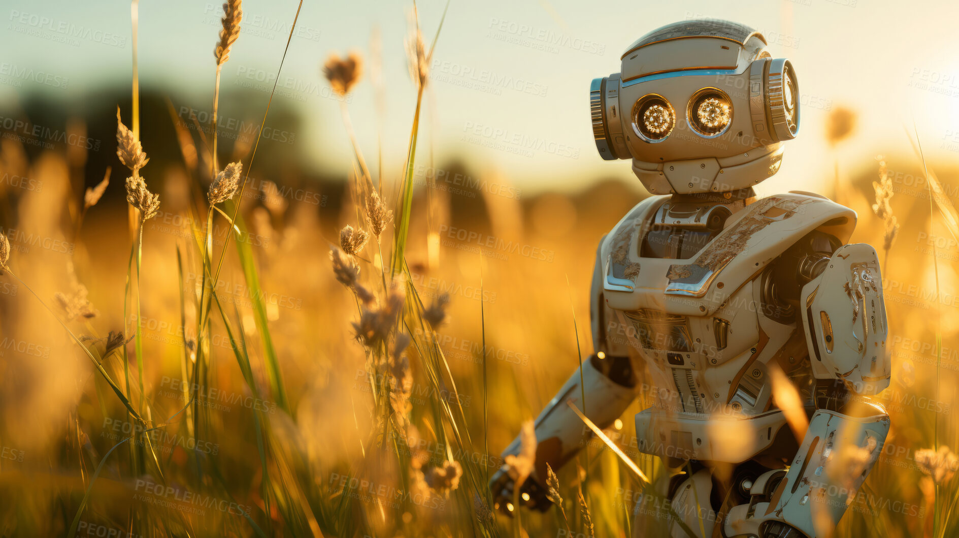 Buy stock photo Robot walking in field, auto technology in modern agriculture concept.