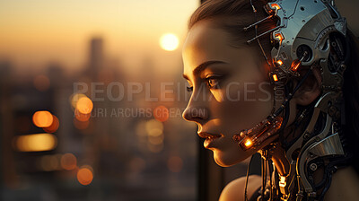 Buy stock photo Robotic female in sunset against futuristic urban scene .