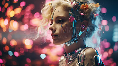 Buy stock photo Young robotic female in futuristic lightning and accessories.