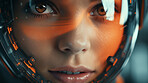 Close-up of female android wearing robotic helmet.