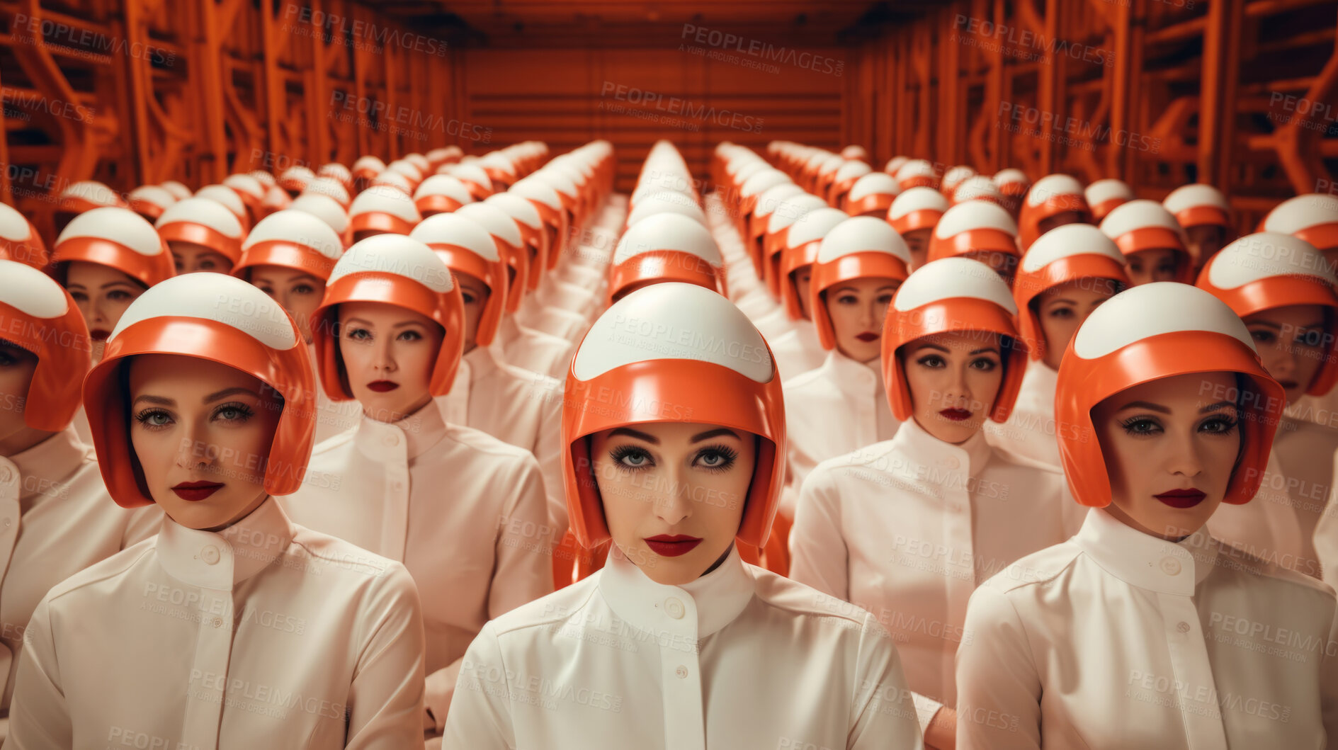 Buy stock photo Group of emotionless female soldiers in uniform standing in rows looking at camera