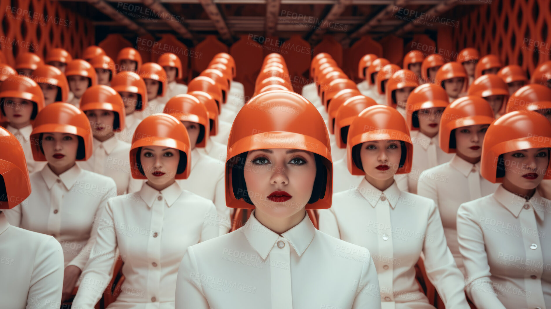 Buy stock photo Group of emotionless female soldiers in uniform standing in rows looking at camera