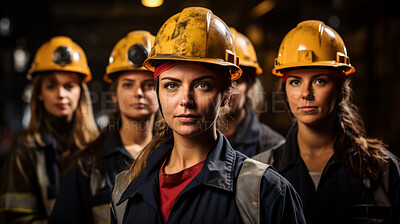 Female group of construction workers in hardhats, looking at camera. Women engineers and contractors