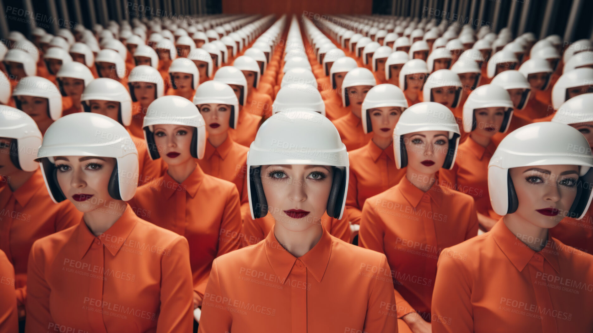 Buy stock photo Group of emotionless female soldiers in uniform standing in rows looking at camera