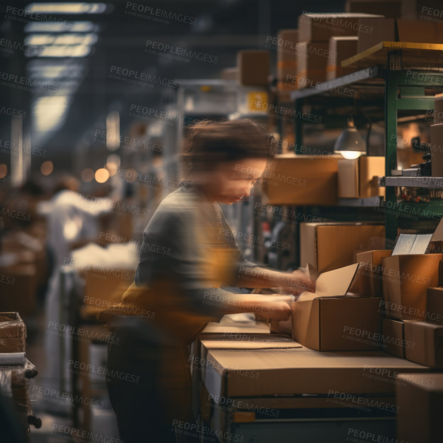 Buy stock photo Anonymous warehouse worker. Fast working overtime employee meeting shipping deadlines