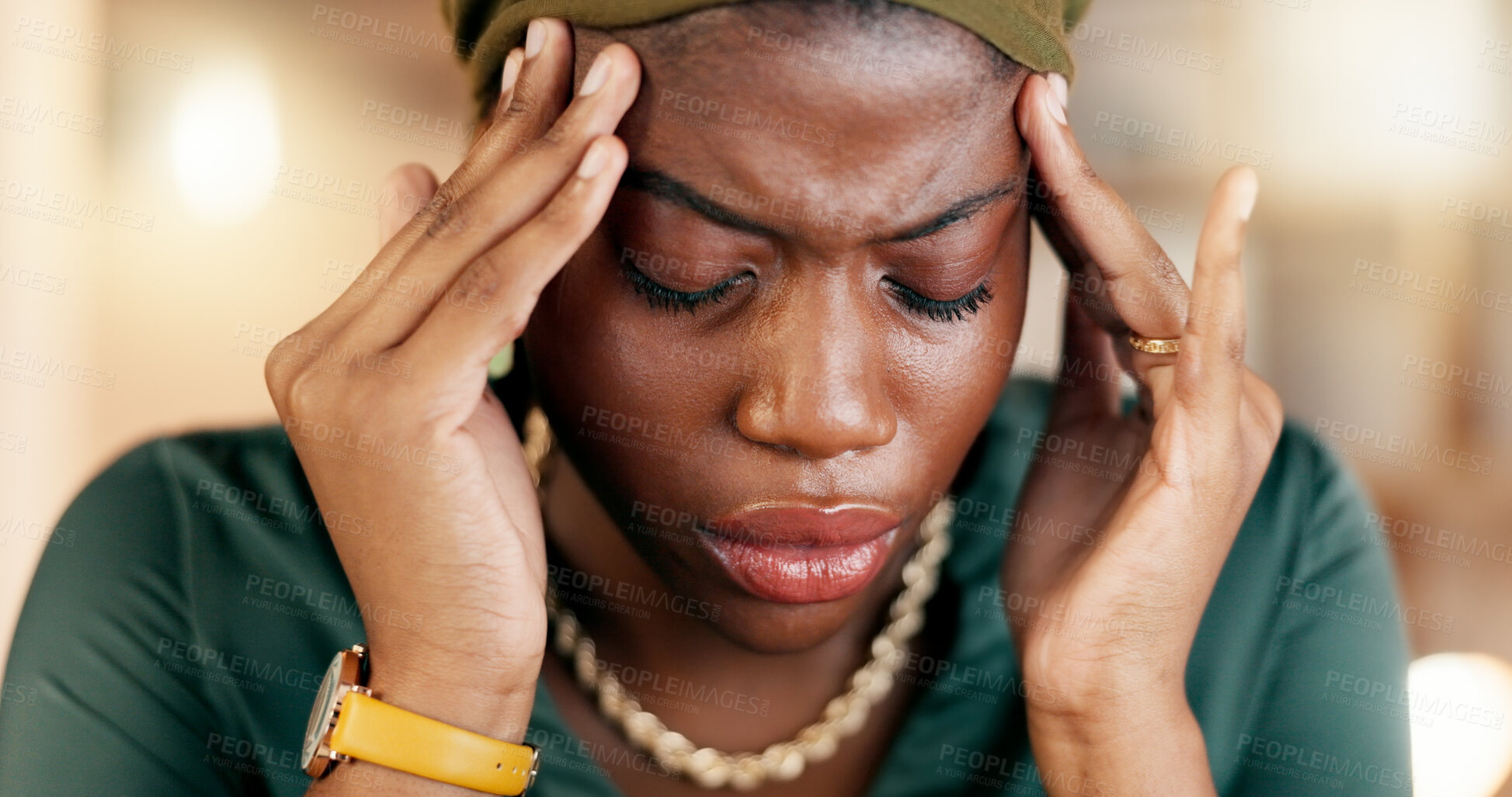 Buy stock photo Headache, stress and burnout with a business black woman suffering from tension while working in her office. Anxiety, mental health and pain with a female employee rubbing her temples in discomfort