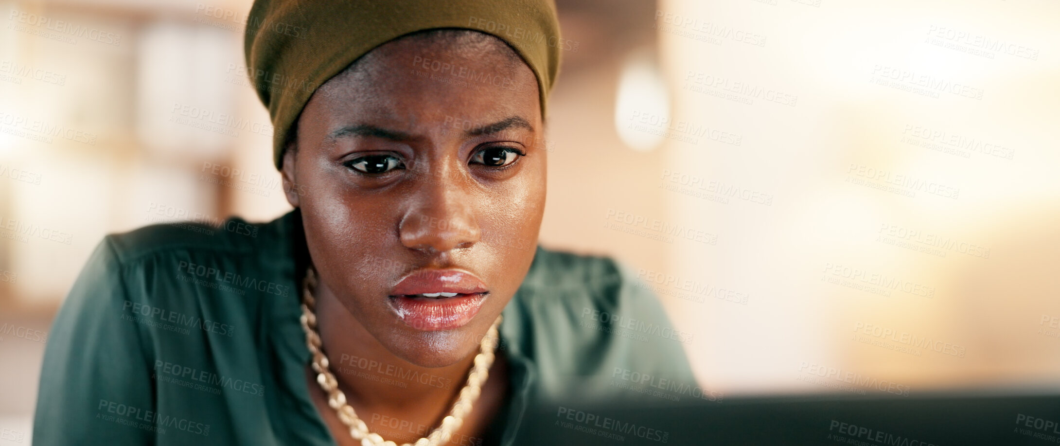 Buy stock photo Reading, research and confused with a business black woman in her office, typing an email or report. Schedule, report and review with a female employee working online on a project agenda