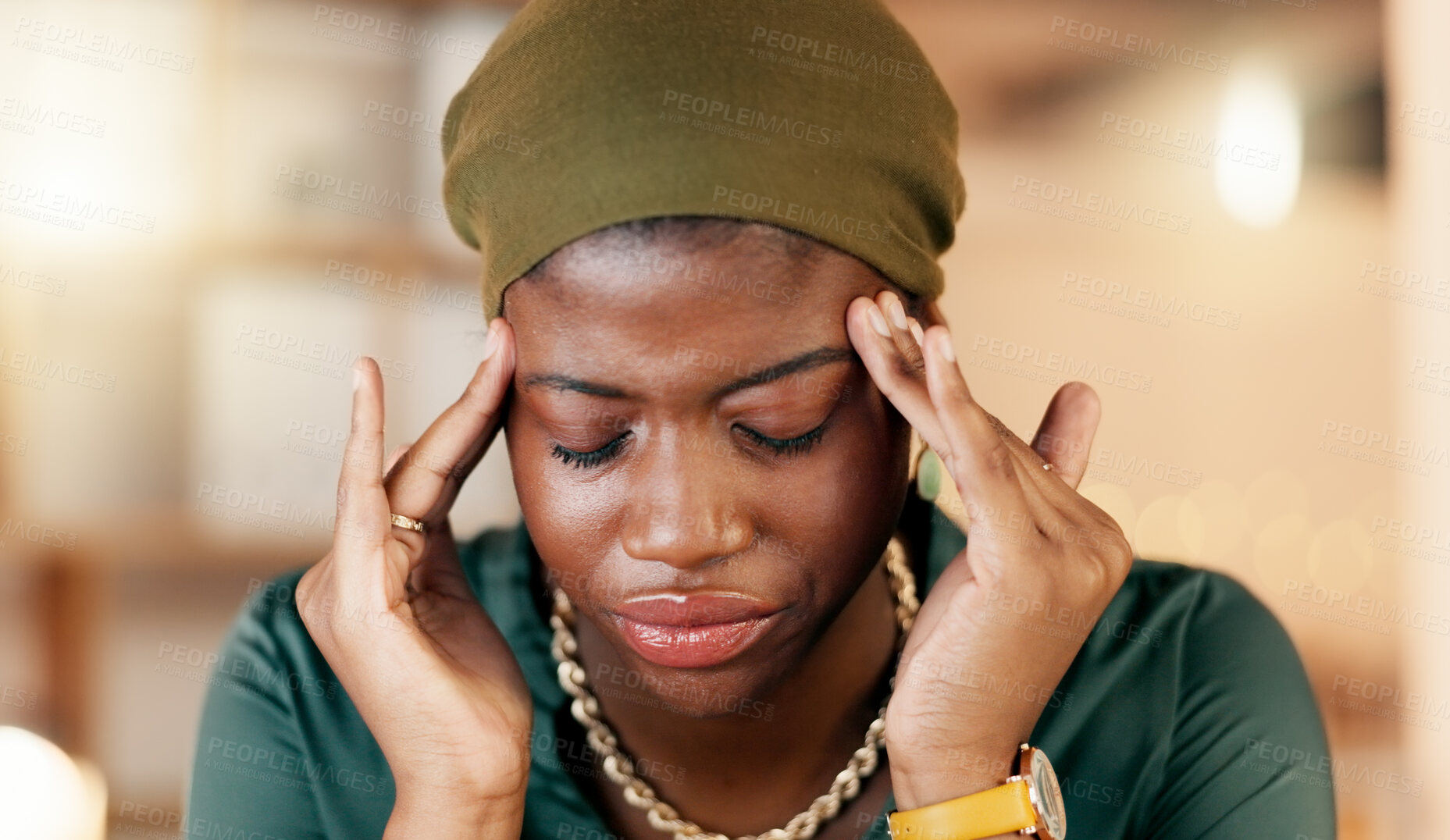 Buy stock photo Headache, stress and burnout with a business black woman suffering from tension while working in her office. Anxiety, mental health and pain with a female employee rubbing her temples in discomfort