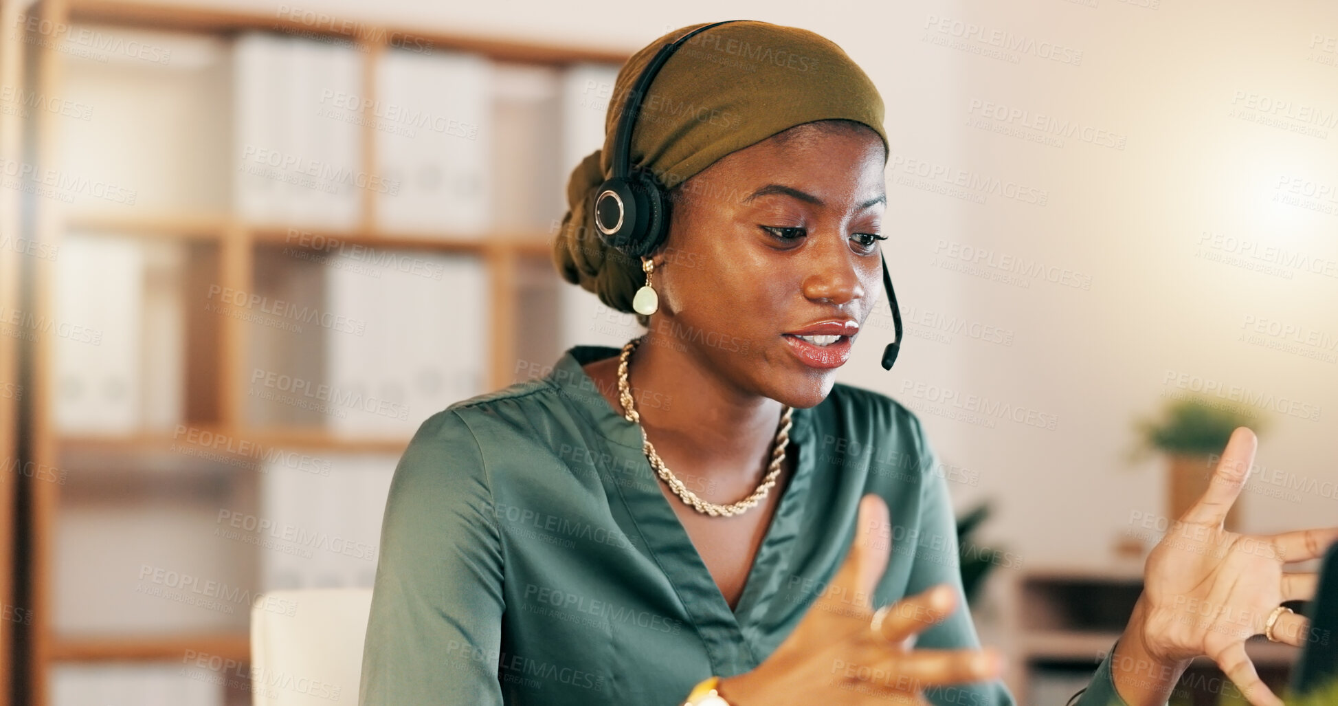 Buy stock photo Telemarketing, customer service and black woman speaking, call center and agent in workplace. African American female employee, consultant and worker with headset, tech support and explain new system