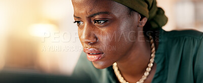 Buy stock photo Reading, research and confused with a business black woman in her office, typing an email or report. Schedule, report and review with a female employee working online on a project agenda