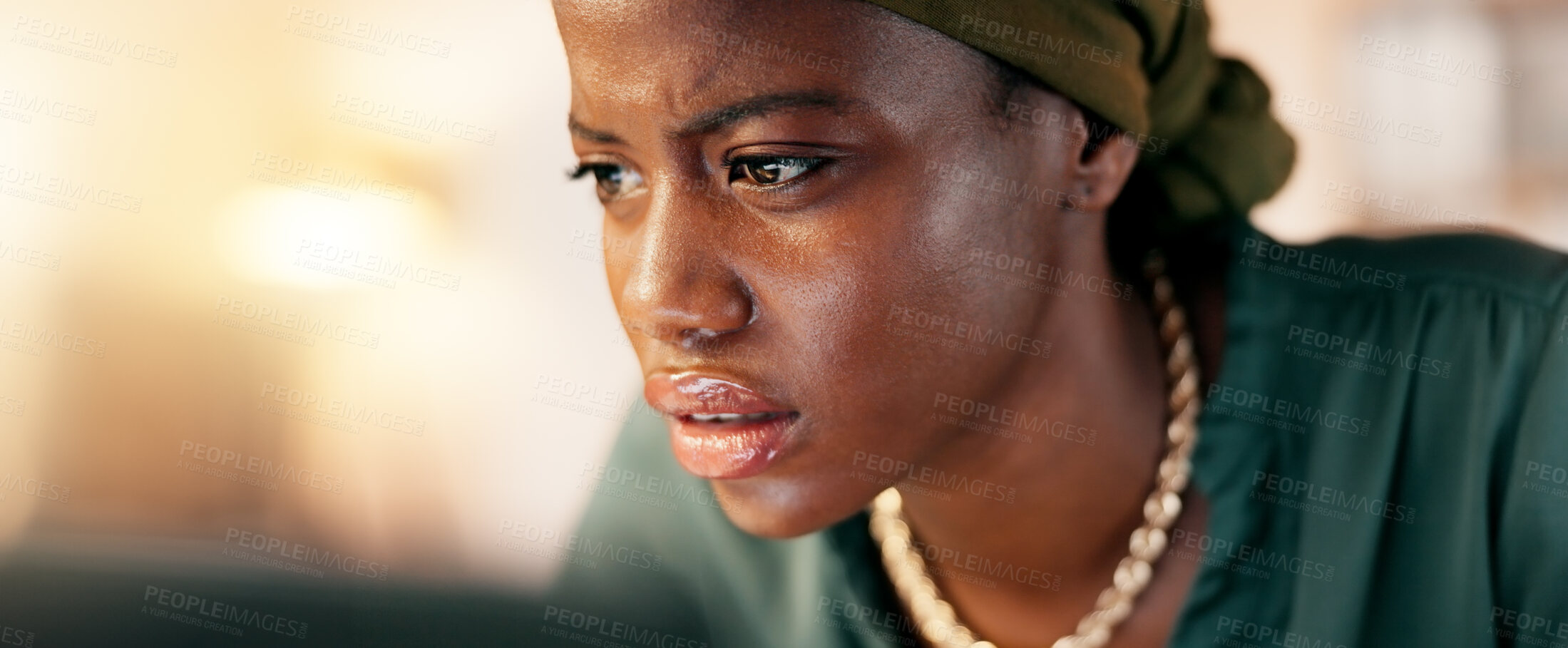 Buy stock photo Reading, research and confused with a business black woman in her office, typing an email or report. Schedule, report and review with a female employee working online on a project agenda