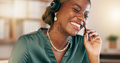 Call center, consultant and black woman talking laughing, telemarketing and explain new system, process and computer. African American female agent, worker and employee with headset, speaking and tech support