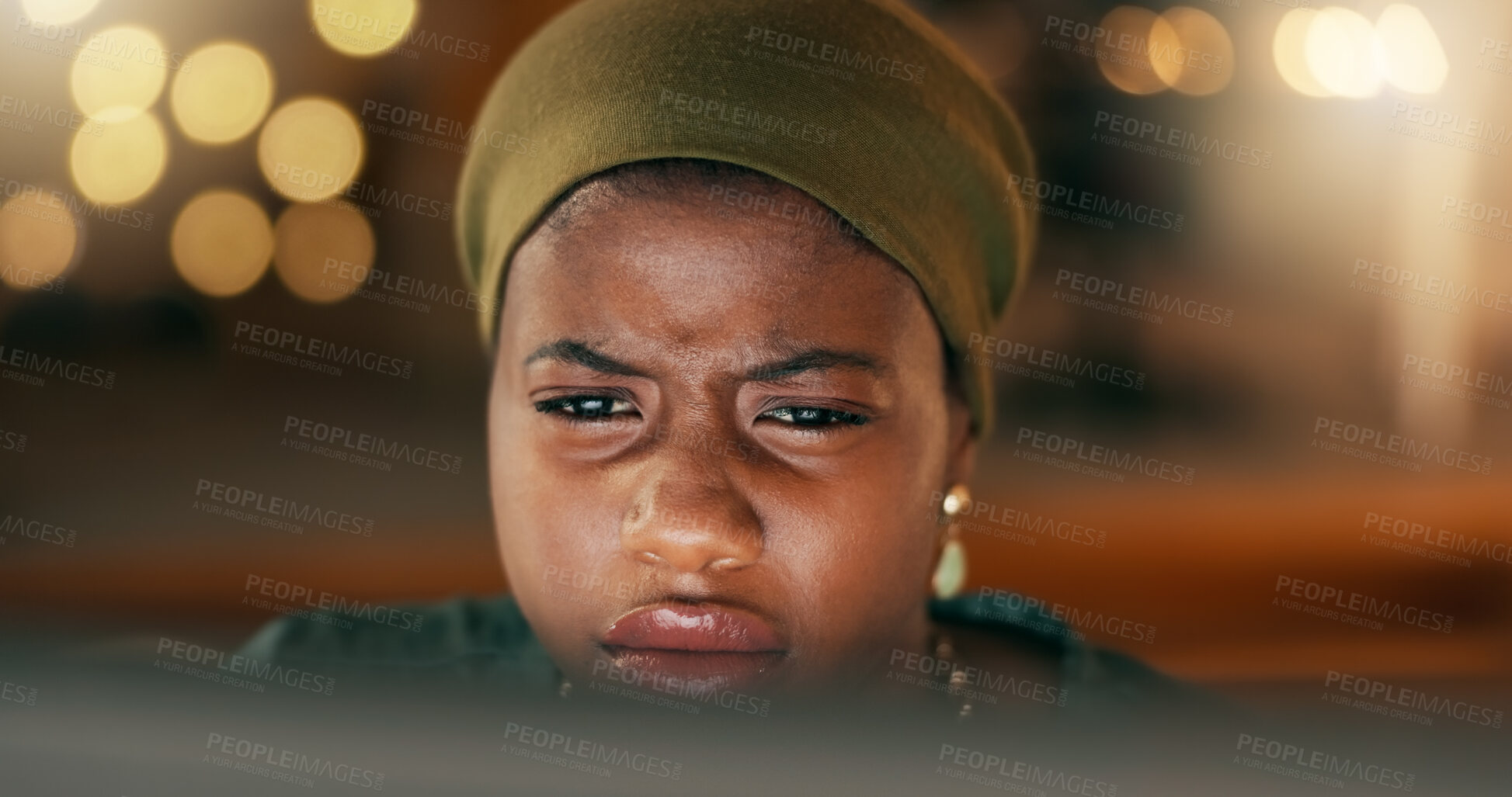 Buy stock photo Face, reading frown and computer with a business black woman in her office, working on a report, review or proposal. Search, email or schedule with a young employee doing research while looking at a screen