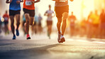 Group of marathon runners in the city. Low angle view of runners in competition