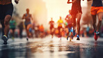 Group of marathon runners in the city. Low angle view of runners in competition