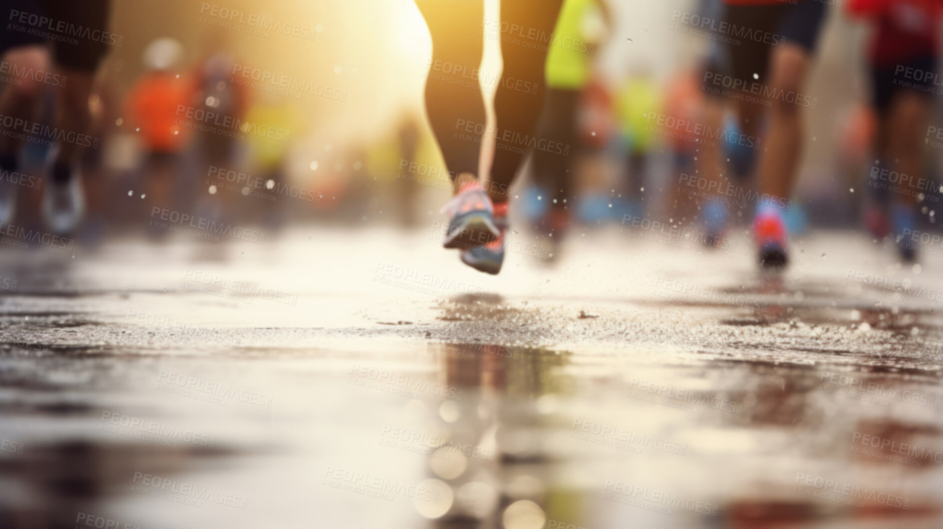 Buy stock photo Group of marathon runners in the city. Low angle view of runners in competition