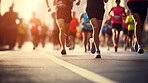 Group of marathon runners in the city. Low angle view of runners in competition