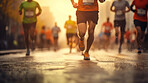 Group of marathon runners in the city. Low angle view of runners in competition