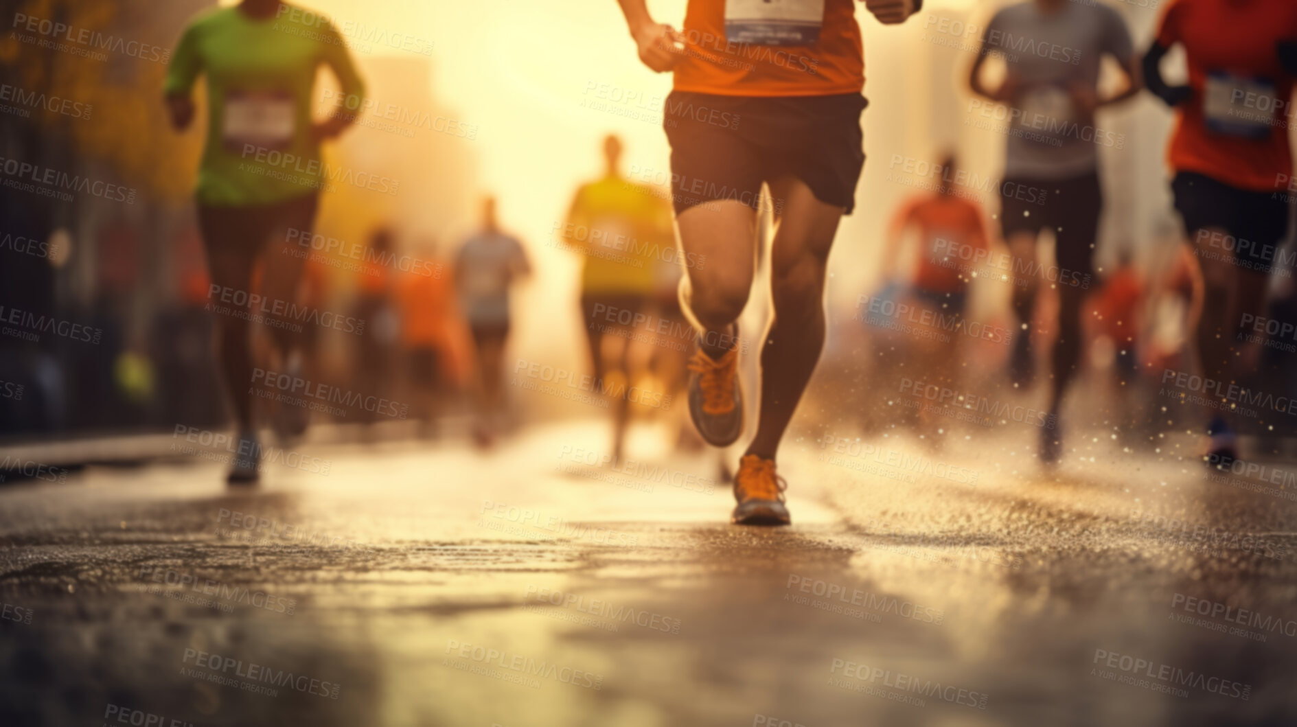 Buy stock photo Group of marathon runners in the city. Low angle view of runners in competition