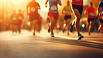 Group of marathon runners in the city. Low angle view of runners in competition