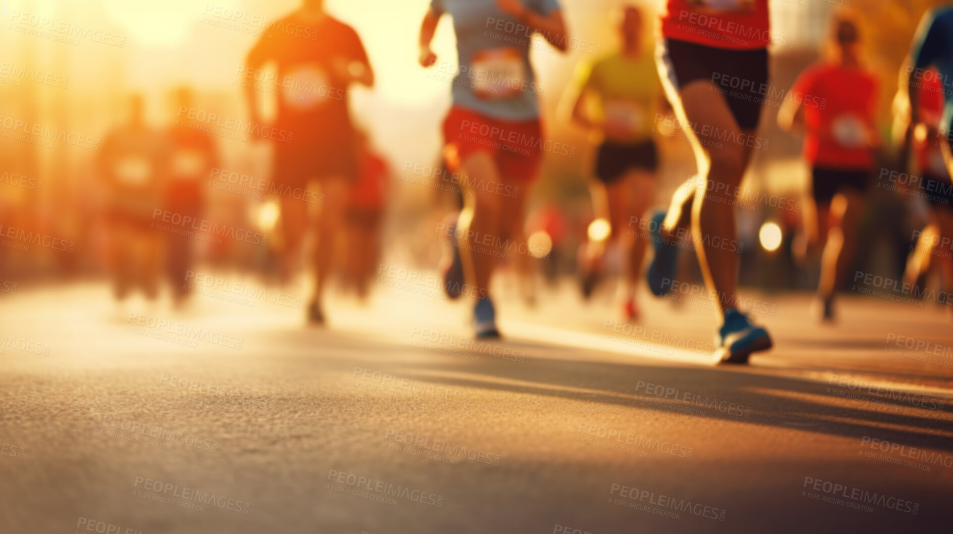 Buy stock photo Group of marathon runners in the city. Low angle view of runners in competition