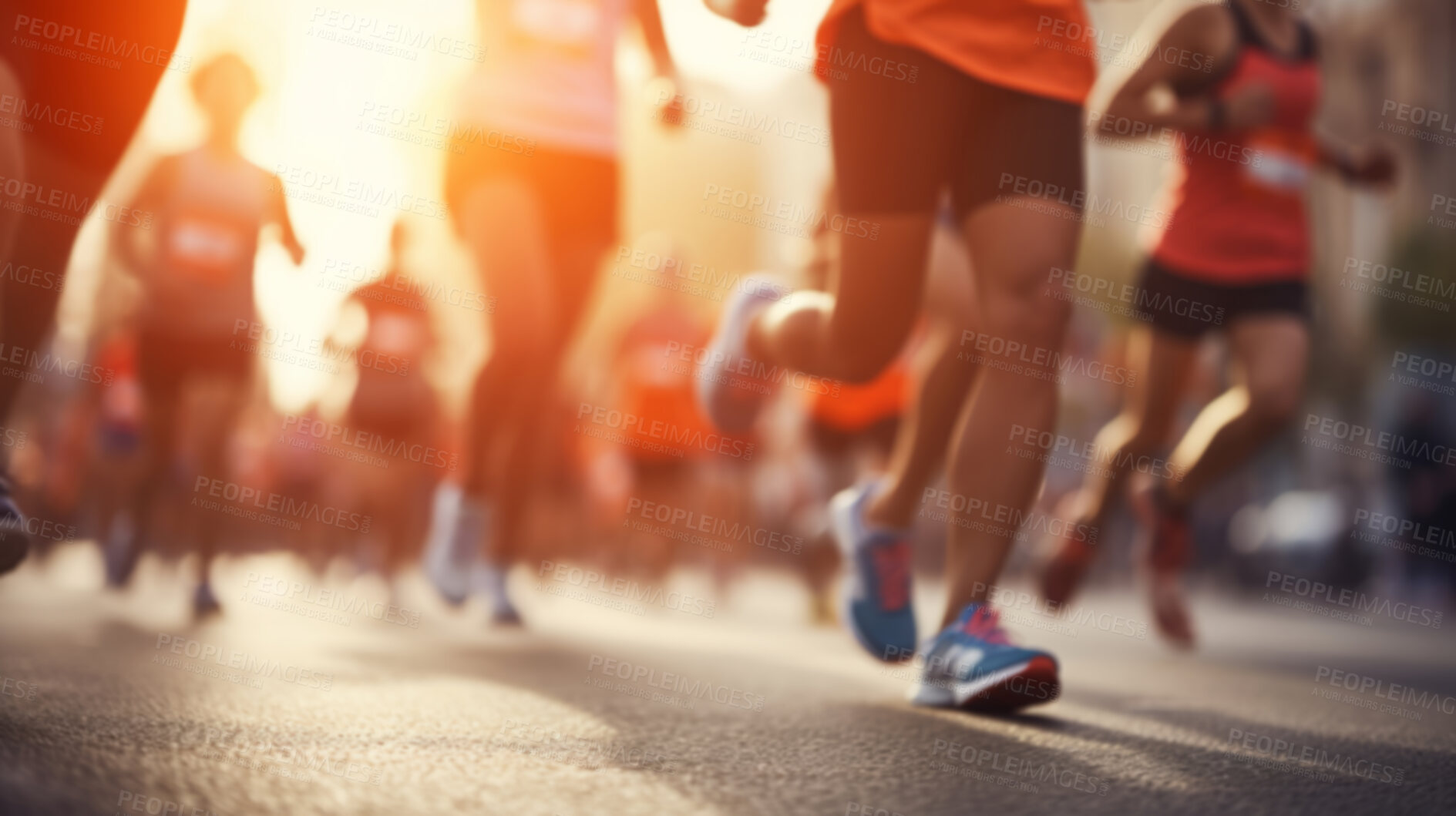 Buy stock photo Group of marathon runners in the city. Low angle view of runners in competition