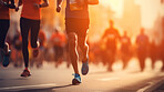 Group of marathon runners in the city. Low angle view of runners in competition