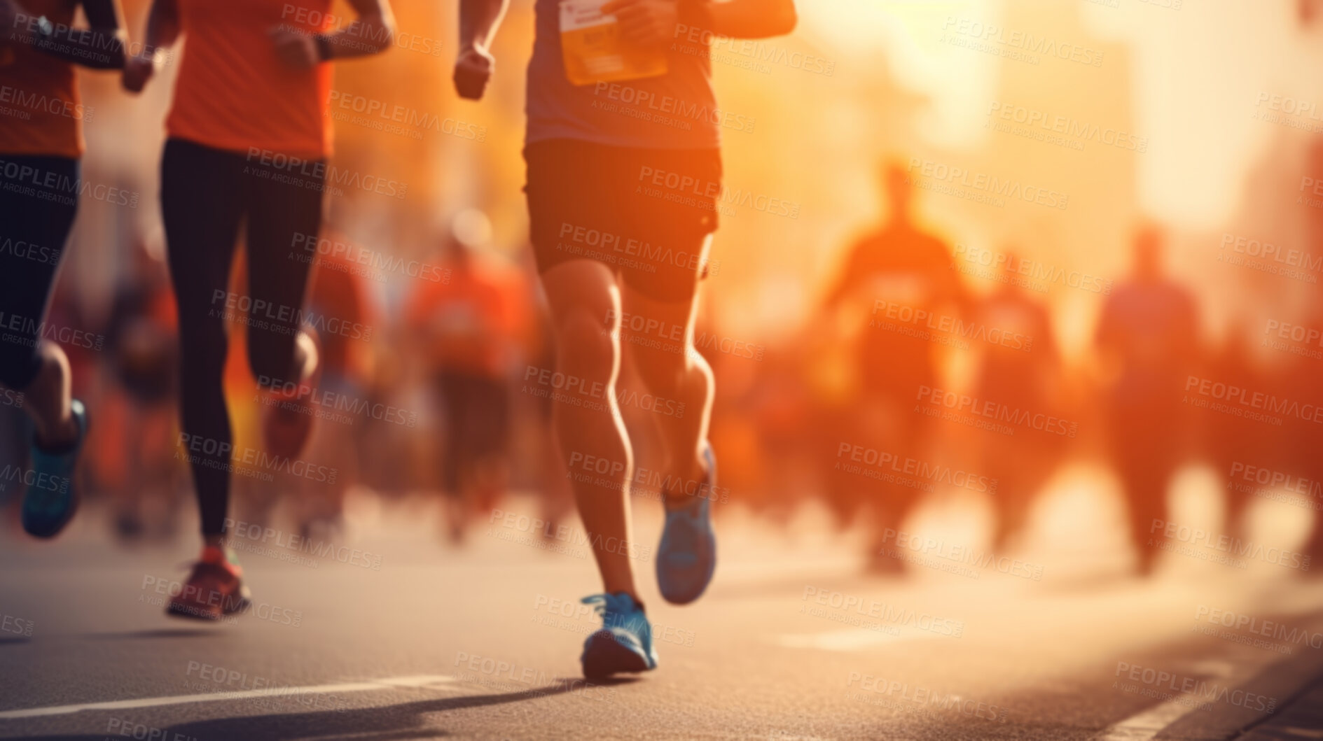 Buy stock photo Group of marathon runners in the city. Low angle view of runners in competition