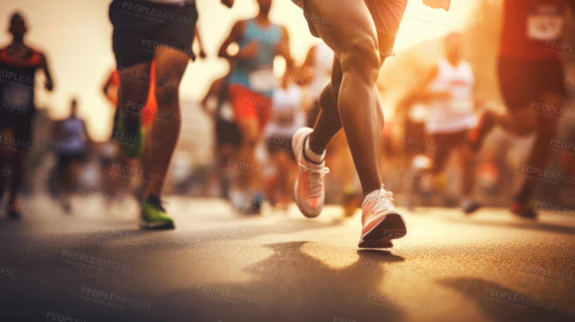 Buy stock photo Group of marathon runners in the city. Low angle view of runners in competition