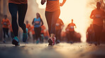 Group of marathon runners in the city. Low angle view of runners in competition