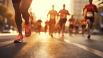 Group of marathon runners in the city. Low angle view of runners in competition