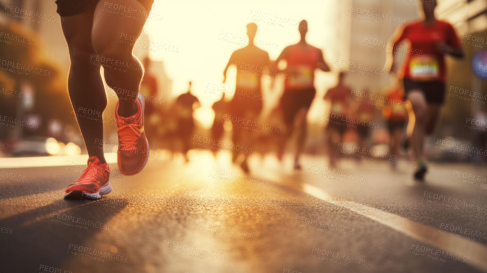 Buy stock photo Group of marathon runners in the city. Low angle view of runners in competition