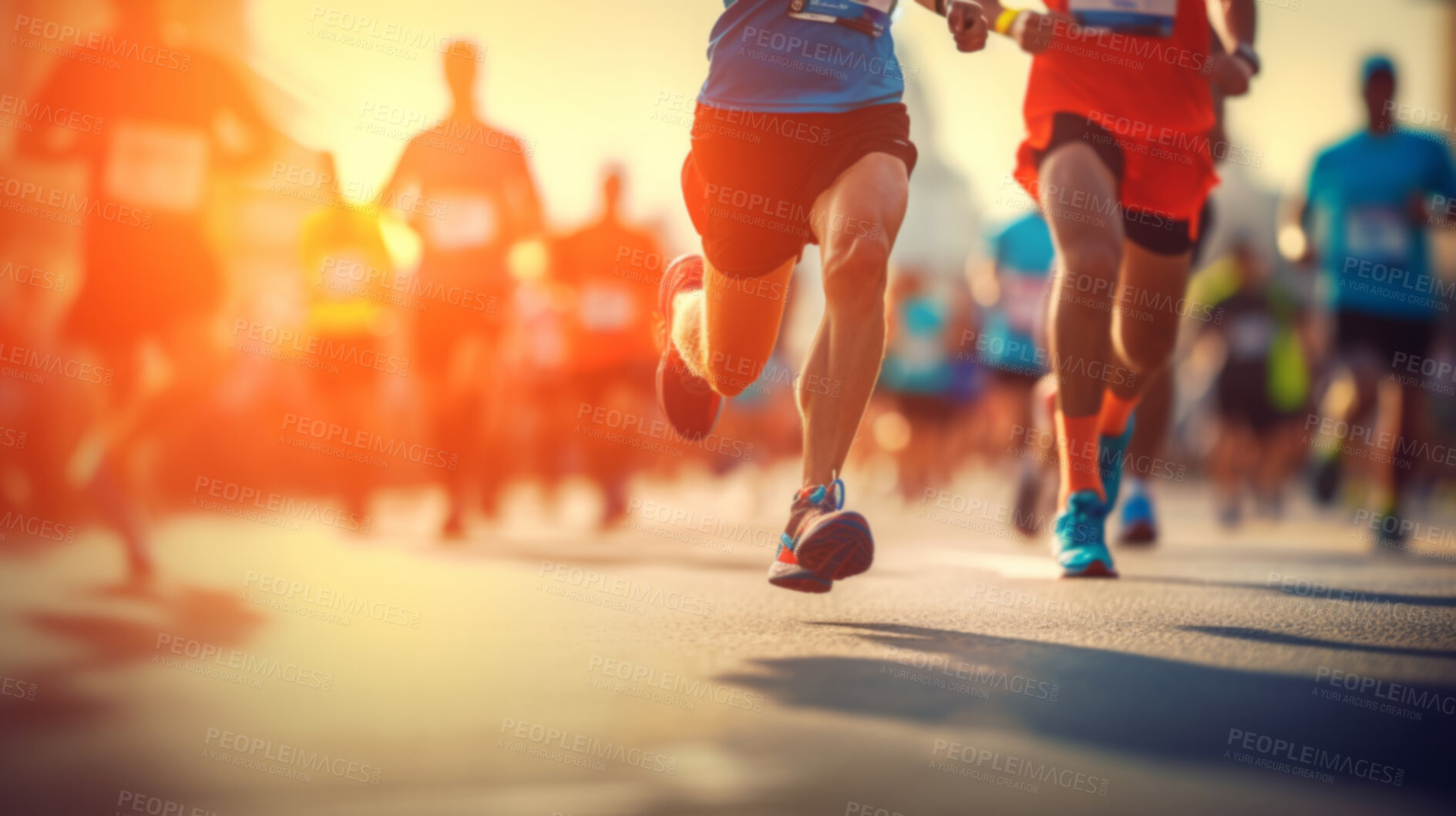 Buy stock photo Group of marathon runners in the city. Low angle view of runners in competition