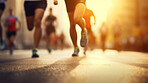 Group of marathon runners in the city. Low angle view of runners in competition