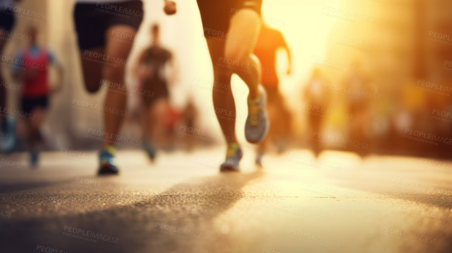 Buy stock photo Group of marathon runners in the city. Low angle view of runners in competition