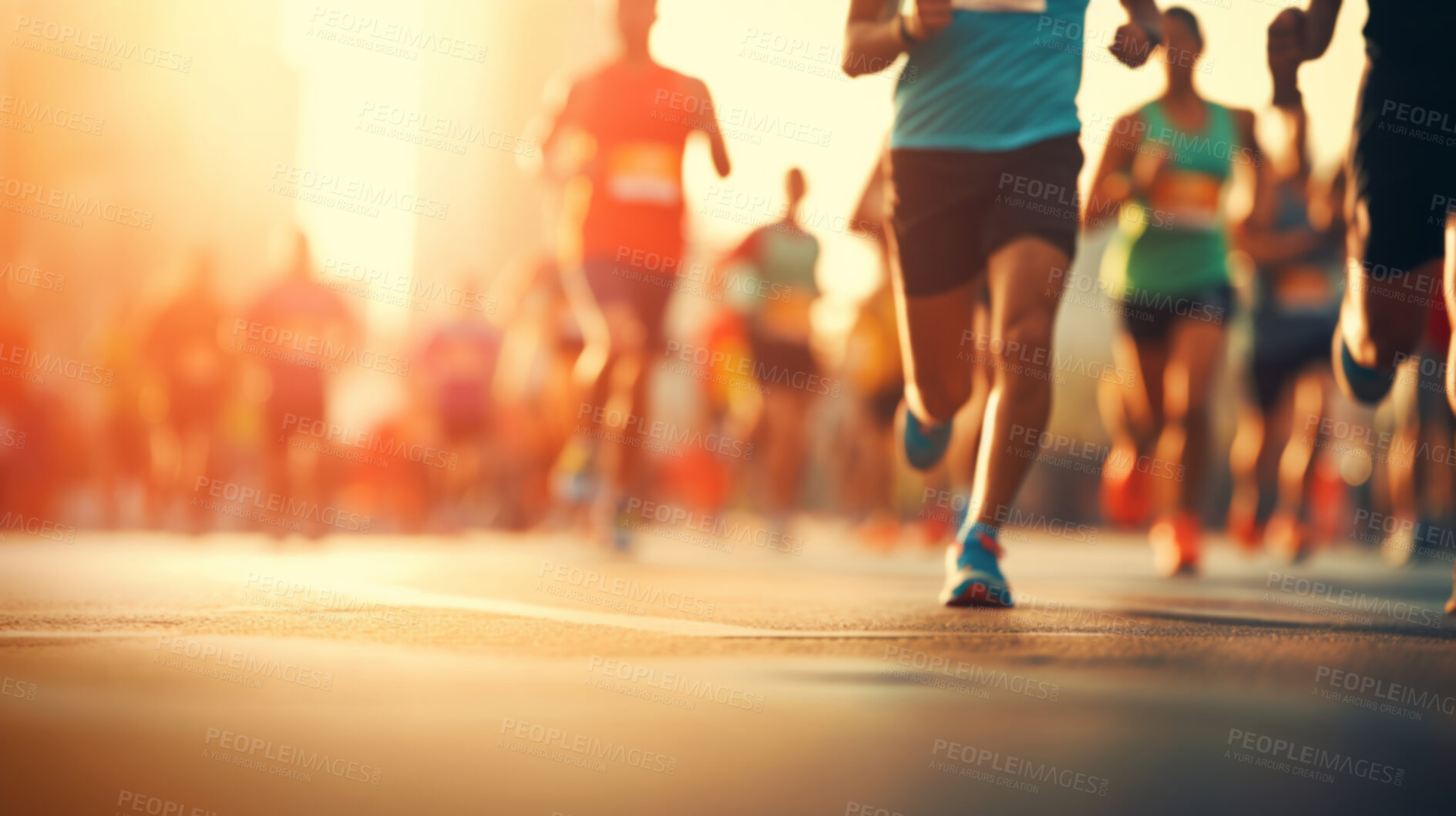 Buy stock photo Group of marathon runners in the city. Low angle view of runners in competition