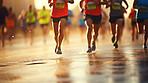 Group of marathon runners in the city. Low angle view of runners in competition