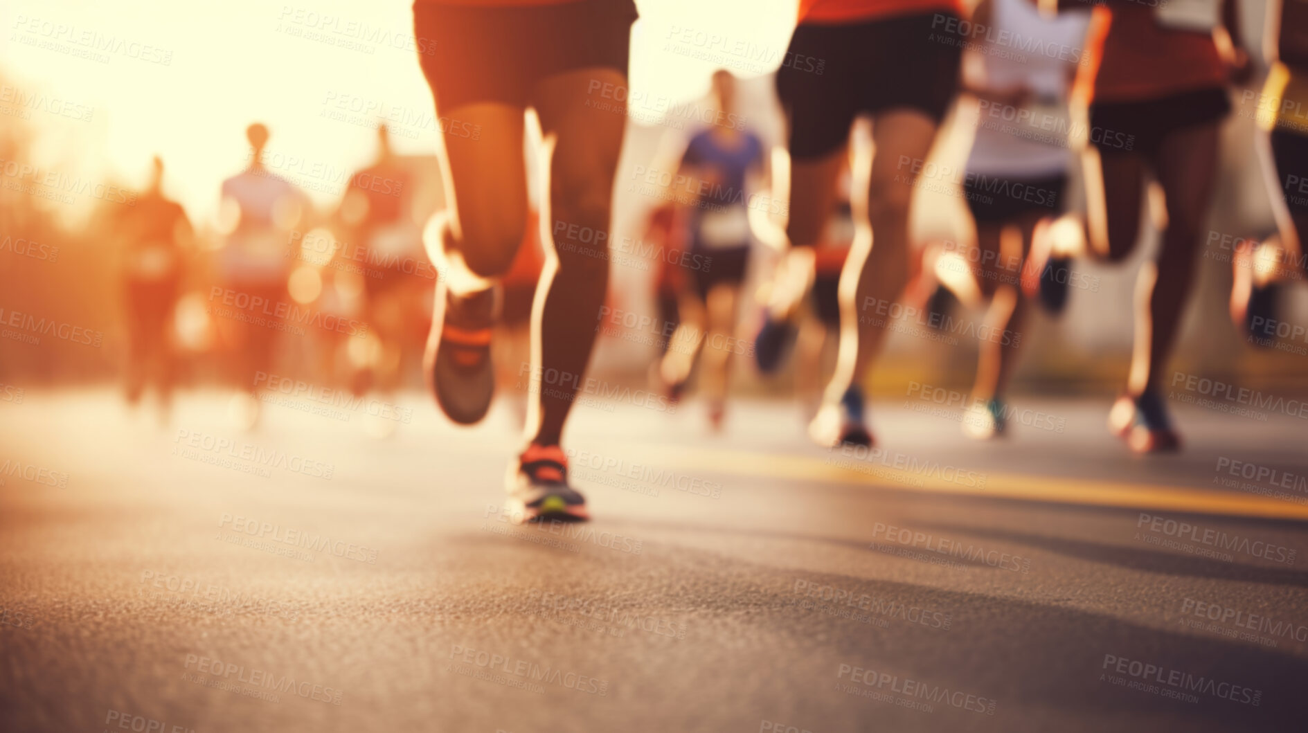 Buy stock photo Group of marathon runners in the city. Low angle view of runners in competition