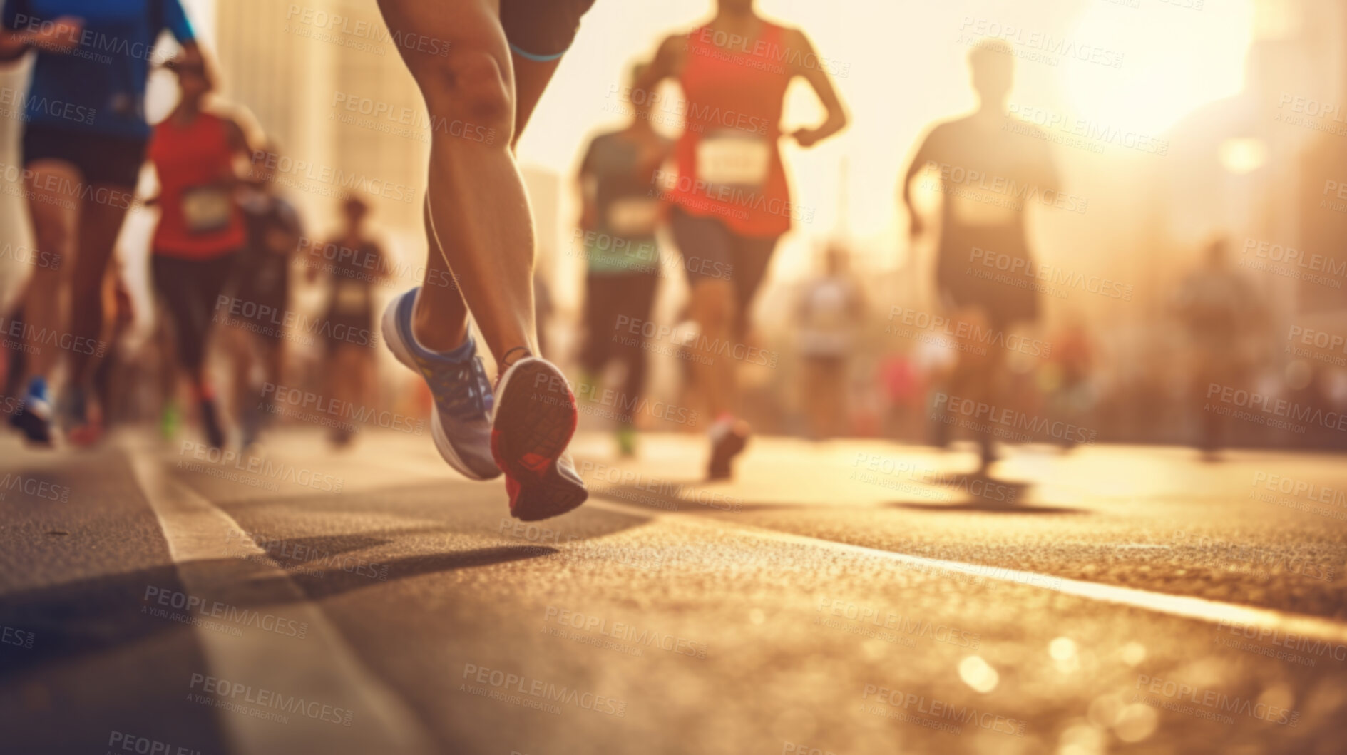 Buy stock photo Group of marathon runners in the city. Low angle view of runners in competition