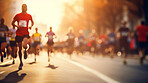 Group of marathon runners in the city. Low angle view of runners in competition